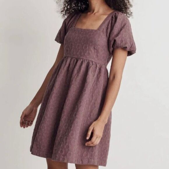 MADEWELLFloral Quilted Puff-Sleeve Mini Dress Tie Babydoll Empire FigSmall